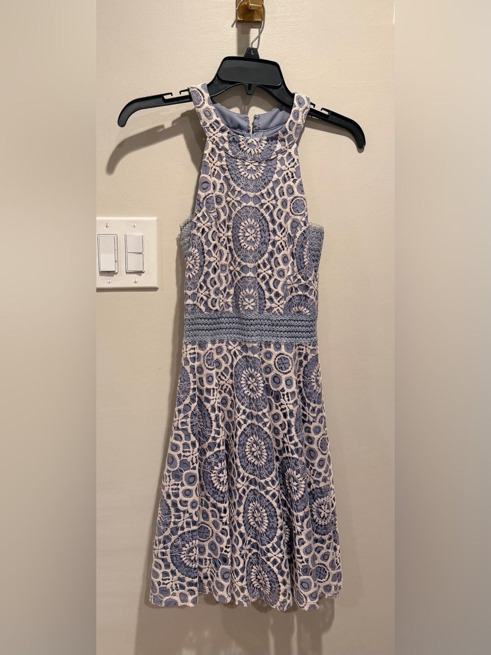 City Triangle Lavender Geometric Lace Halter Fit and Flare Dress